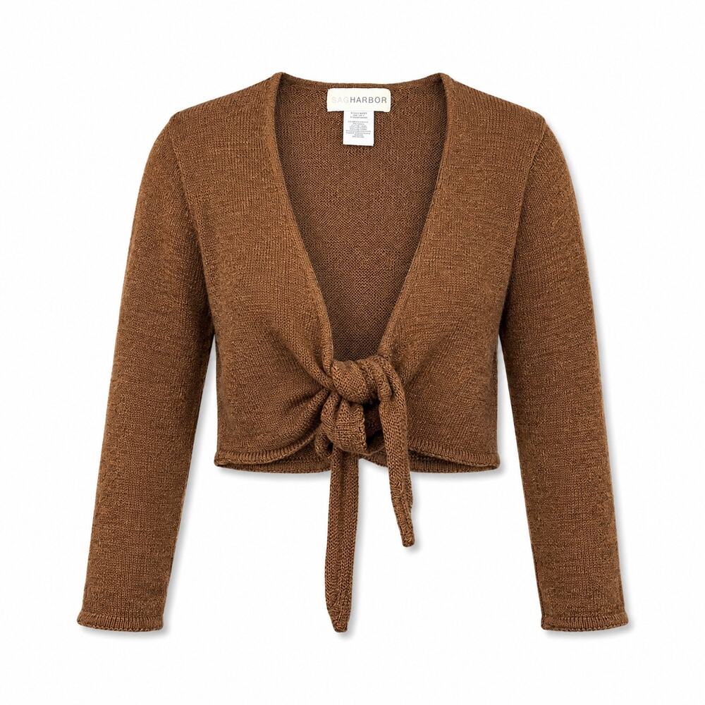 Sag Harbor Brown Tie Front Cropped Knit Cardigan Large 90s Y2K Coastal Boho